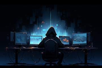hacker sitting at the computer cyber security and antispyware concept	
