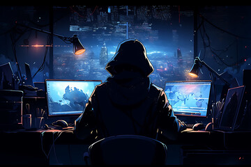 hacker sitting at the computer cyber security and antispyware concept	
