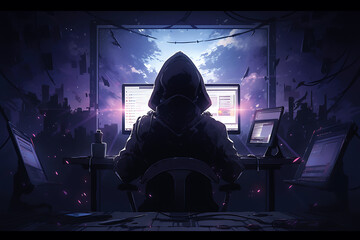 hacker sitting at the computer cyber security and antispyware concept	
