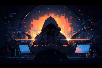 hacker sitting at the computer cyber security and antispyware concept	
