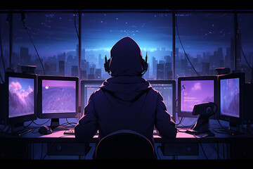 hacker sitting at the computer, cyber security and anti-spyware concept