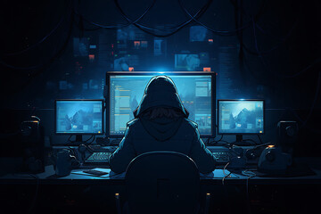 hacker sitting at the computer, cyber security and anti-spyware concept