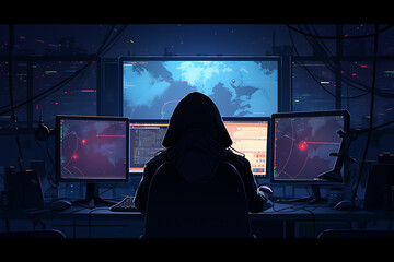 hacker sitting at the computer, cyber security and anti-spyware concept