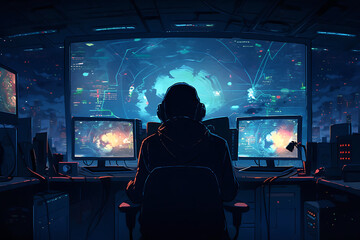 hacker sitting at the computer, cyber security and anti-spyware concept