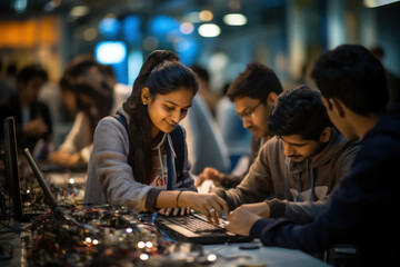 Indian students engrossed in a coding workshop, demonstrating their enthusiasm for technology and innovation. Generative Ai.