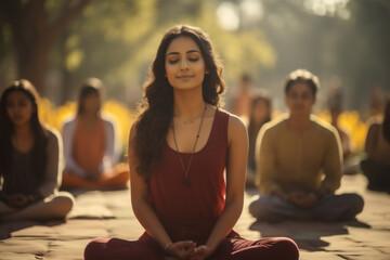 Poster - Indian students engaging in a yoga session on campus, promoting wellness and mindfulness in their daily lives. Generative Ai.