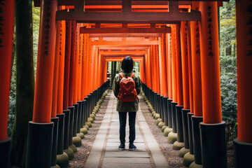 Canvas Print - A person photographing the iconic red torii gates of a Shinto shrine in Japan, symbolizing the spiritual and cultural significance of the country. Generative Ai.