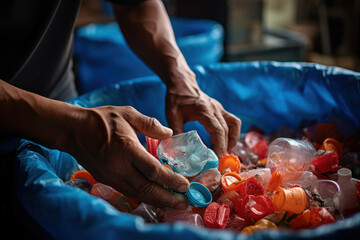 Canvas Print - A close-up of a person's hand sorting recyclable materials from waste, highlighting the importance of responsible waste management. Generative Ai.