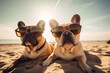 Two french bulldogs in sunglasses sitting on the beach 