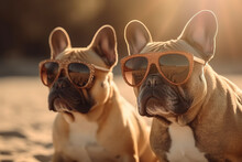 Two French Bulldogs In Sunglasses Sitting On The Beach 