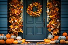Front Door With Small Wreaths And Autumn Leaves On It