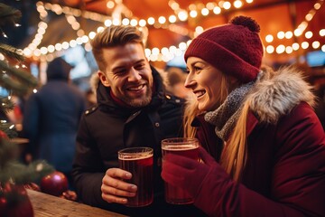 Two young cheerful people drinking mulled wine at the christmas market on a winter vacation