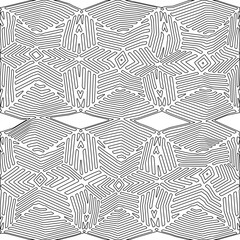 White background with black pattern. Texture with figures from lines.Line shape design.Abstract background for web page, textures, card, poster, fabric, textile. Monochrome graphic repeating design. 