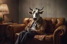 A Cow Dressed In Clothes Lies In A Sofa 