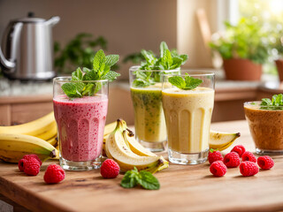 Wall Mural - Fresh smoothie with raspberry, banana, mint