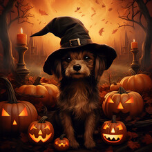 Dog Wearing Halloween Hat.Generative Ai Image