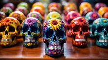 Intricately Designed Sugar Skulls Stand As Edible Offerings, Honoring Ancestors In The Rich Tapestry Of Mexican Tradition