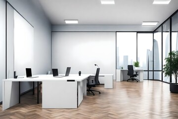 Stylish workplace with a white wall and no one inside. 
