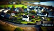 A Bird's Eye View of a Quaint Irish Village Captured with Tilt-Shift Photography, Showcasing its Charming Architecture and Serene Countryside Surroundings