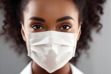 Wall Mural - beautiful young natural black woman wearing a medical mask. medical services, disease prevention, workplace safety during epidemics