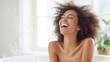 © inspiretta - Happy black woman taking bubble bath, generative ai.