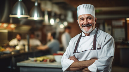 Middle-aged chef cook on blurred background of restaurant. Copy space