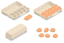 Isometric Chicken Egg Packaging. Eggs In A Cardboard Box Isolated On A Background. Chicken Egg Is A Main Component Of The Human Diet Serving As A Dietary Source Of Protein, Fat, And Other Nutrients.