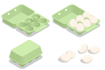 Isometric Chicken Egg Packaging. Eggs in a cardboard box isolated on a background. Chicken egg is a main component of the human diet serving as a dietary source of protein, fat, and other nutrients.