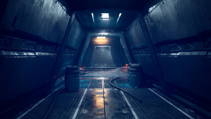 Wall Mural - dark science fiction tunnel in a fantasy alien planet outpost at night. 3d rendering.