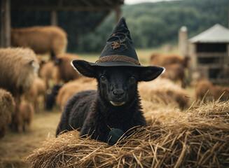 Halloween Black Lamb on a Farm Wearing a Witches Hat