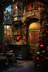 Wall Mural - Santa's Workshop in an Enchanting Winter Setting with Fantastical Architecture, Generative AI