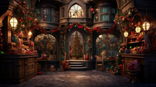 Santa's Workshop In An Enchanting Winter Setting With Fantastical Architecture, Generative AI