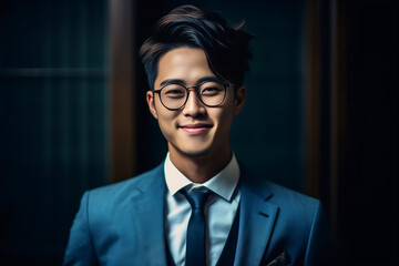 Wall Mural - An Asian gentleman with a handsome and intelligent appearance dons a formal suit, showcasing his smart demeanor both in outdoor and indoor settings. Generative AI.