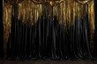 Background with black curtains and golden foil tinsel