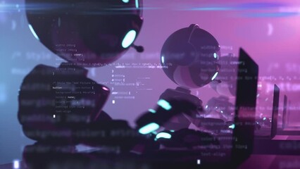 Wall Mural - cute robots chat bots sitting and writing code on laptop. working programming software code language
