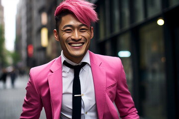 Wall Mural - An Asian gentleman with a striking and intelligent look, dressed in a pink suit, radiates sophistication and style whether he's outdoors or indoors. Generated using Generative AI.