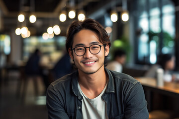 Wall Mural - Handsome man with a happy face sitting and smiling with a confident smile showing teeth. Portrait of young man smiling. Young Asian man sitting at coffee shop. Generative AI.