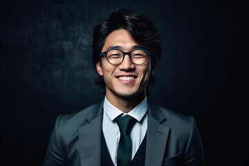 Wall Mural - Handsome man with a happy face sitting and smiling with a confident smile showing teeth. Portrait of young man smiling. Young Asian man sitting at coffee shop. Generative AI.