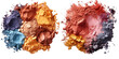 Crushed eye shadow samples of various colors on a transparent background seen from above