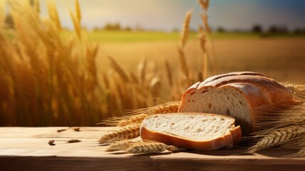 Bread and wheat on wooden table with wheat field in the background created with Generative AI