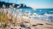 Beach Grass On A Sandy Beach With The Blue Water In The Background. Generative AI. 