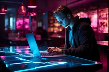 Software developer working on laptop in futuristic interior