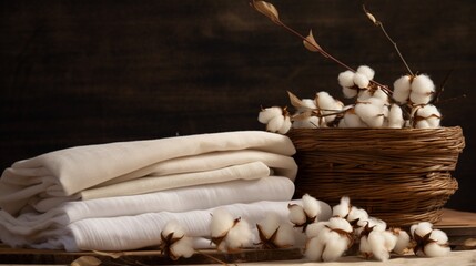 A bundle of raw cotton next to finished cotton fabric. 