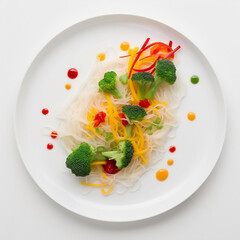 Wall Mural - View from the top asian foods close up Rice Noodle with Broccoli and Bell Peppers on a white plate