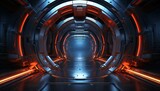 Fototapeta Przestrzenne - Corridor Hallway Hangar Garage 3D Rendering Illustration Sci Fi Futuristic Alien Spaceship