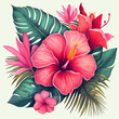 Exotic flowers and fruits hibiscus orchid palm leaves ficus watermelon passion fruit papaya