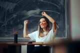 Fototapeta  - Funny and Cool Professor Dancing in Class Acting Silly. Humorous teacher relaxing the mood for back-to-school season
