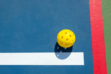 Wall Mural - Yellow Pickleball on a Pickleball court.