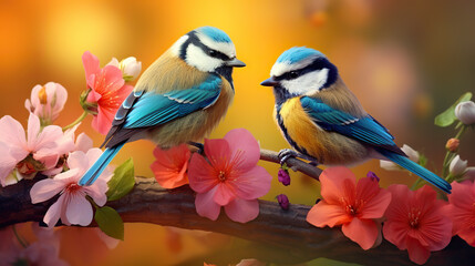 two colorful birds sitting on some flowers.