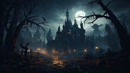 Wall Mural - Haunted Gothic castle at night. Old spooky house in full moon